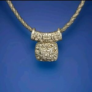 Premier Designs Necklace Silver Metal Pendant Black Braided Leather Rope